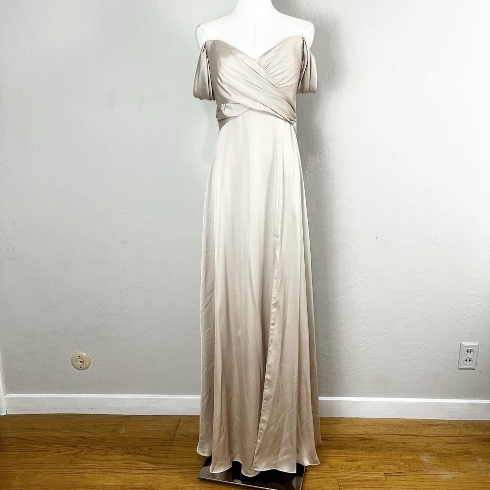 Dessy Collection‎ 3108 Off Shoulder Satin Maxi Dress Champagne Size 2 NEW